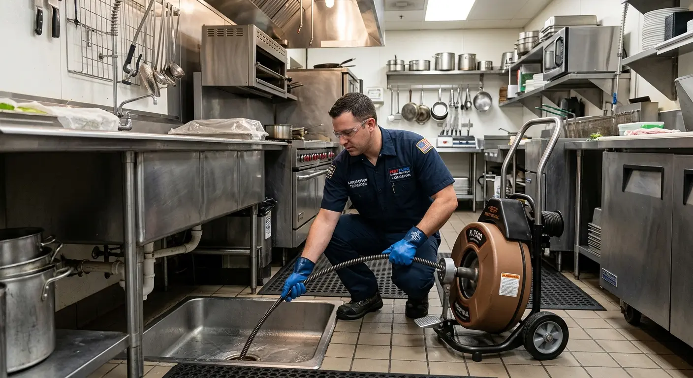 Commercial drain cleaning service in a restaurant kitchen in Girard