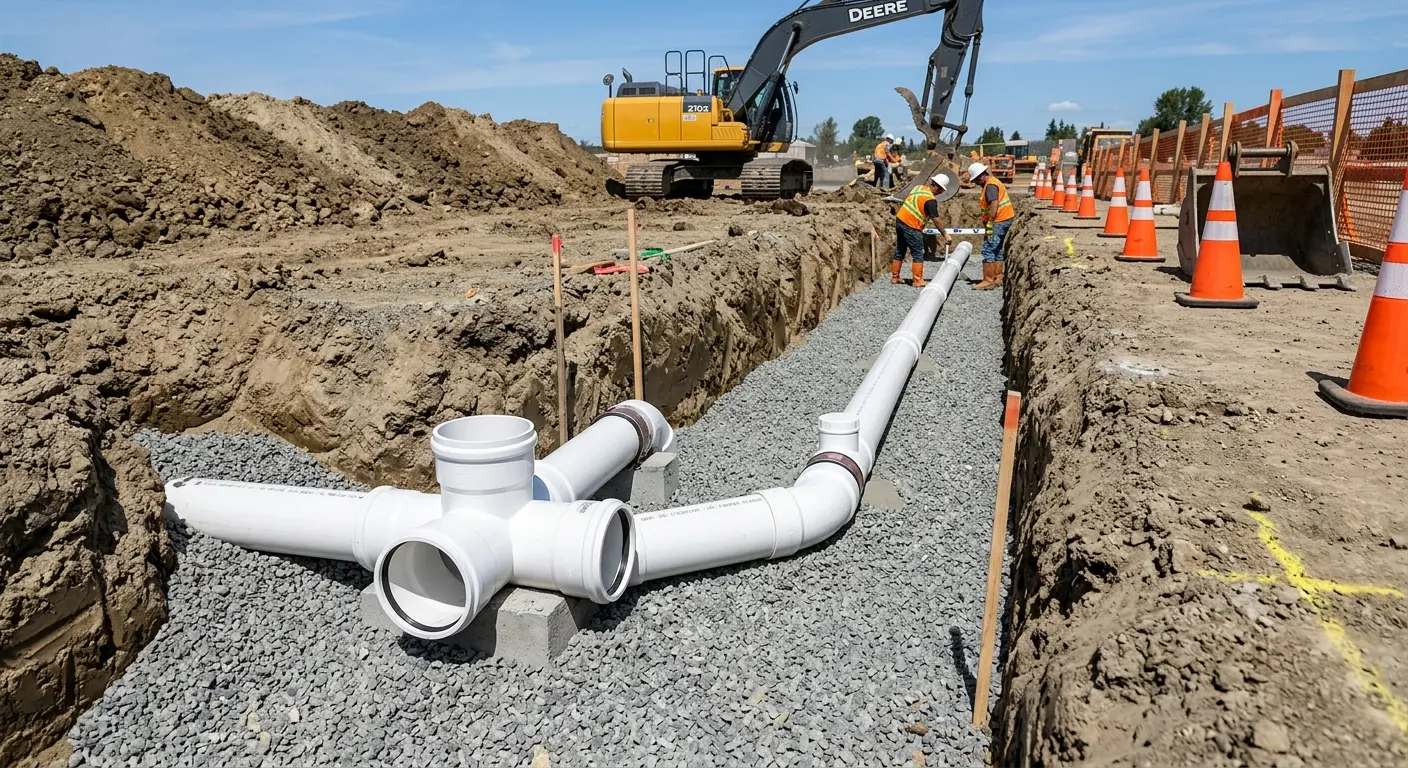 New PVC sewer pipe installation in open trench for Commercial Drain Cleaning in Girard