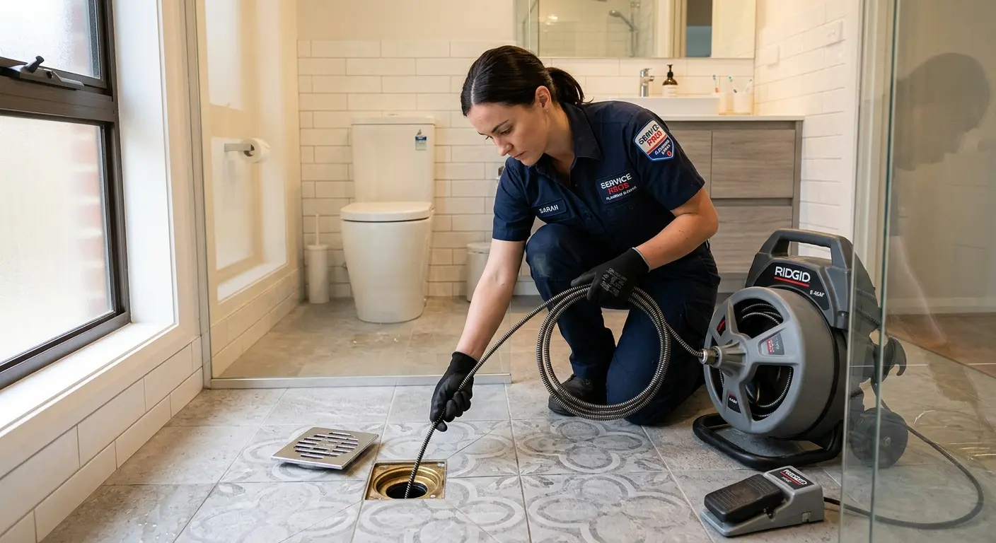 Technician clearing a bathroom floor drain for Sewer Line Replacement in Girard